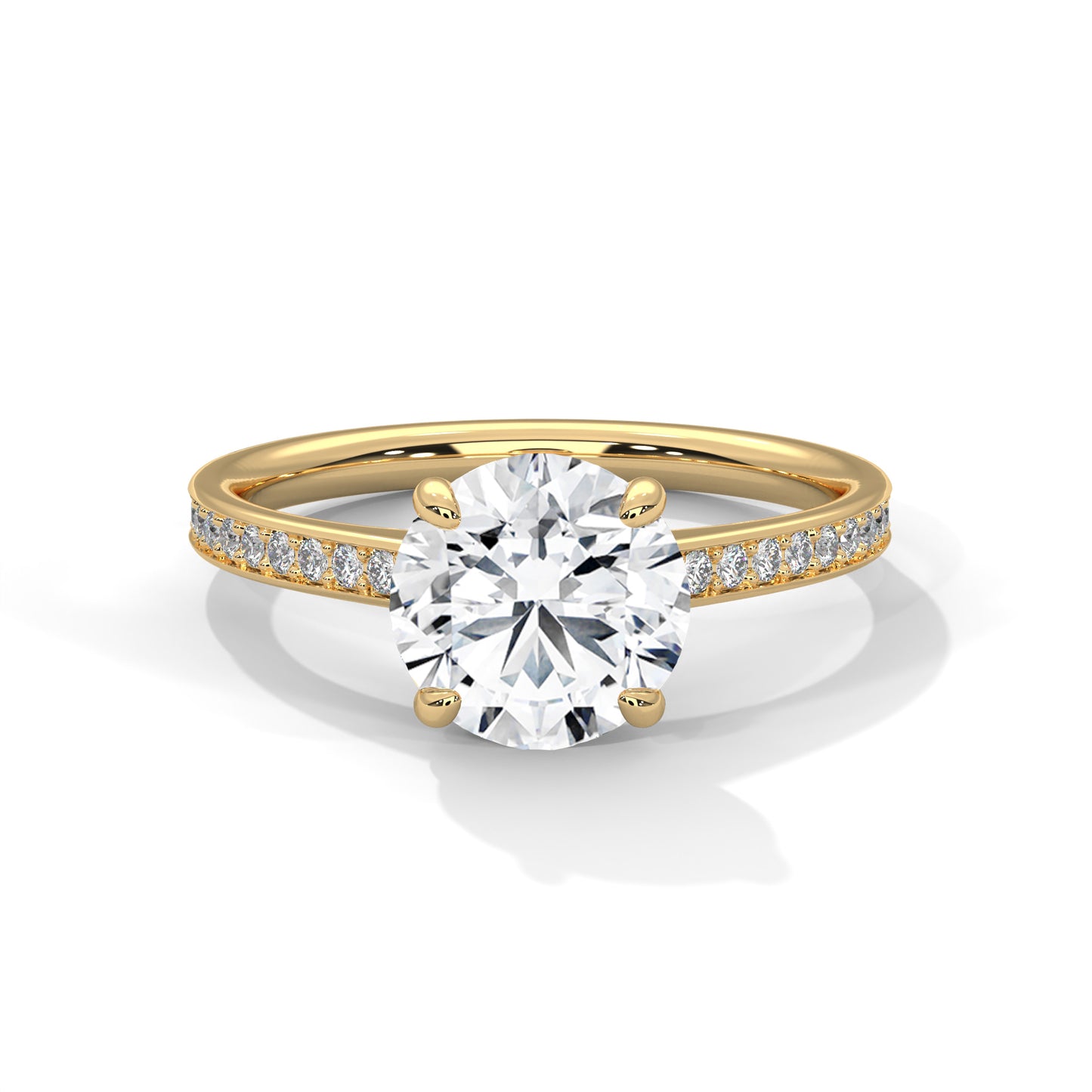 Round Cut Moissanite Engagement Ring with Pave Diamond Band in Yellow Gold