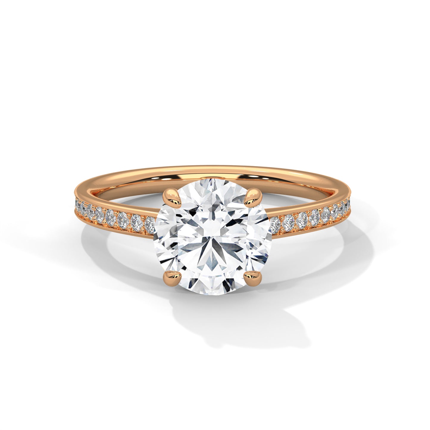 Round Cut Moissanite Engagement Ring with Pave Diamond Band in Yellow Gold