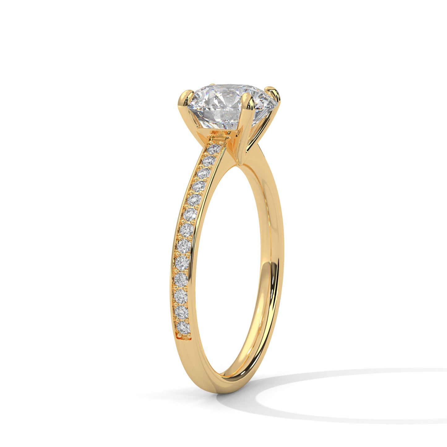 Round Cut Moissanite Engagement Ring with Pave Diamond Band in Yellow Gold