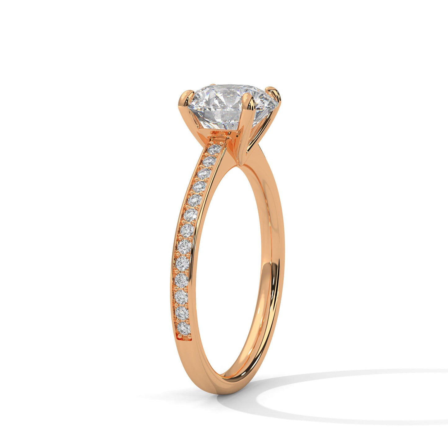 Round Cut Moissanite Engagement Ring with Pave Diamond Band in Yellow Gold