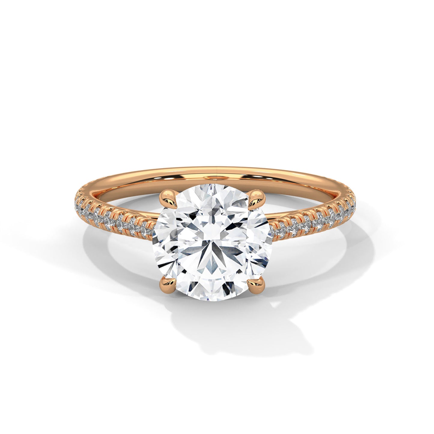 Round Cut Moissanite Engagement Ring with Yellow Gold Pavé Band | Classic Solitaire Ring