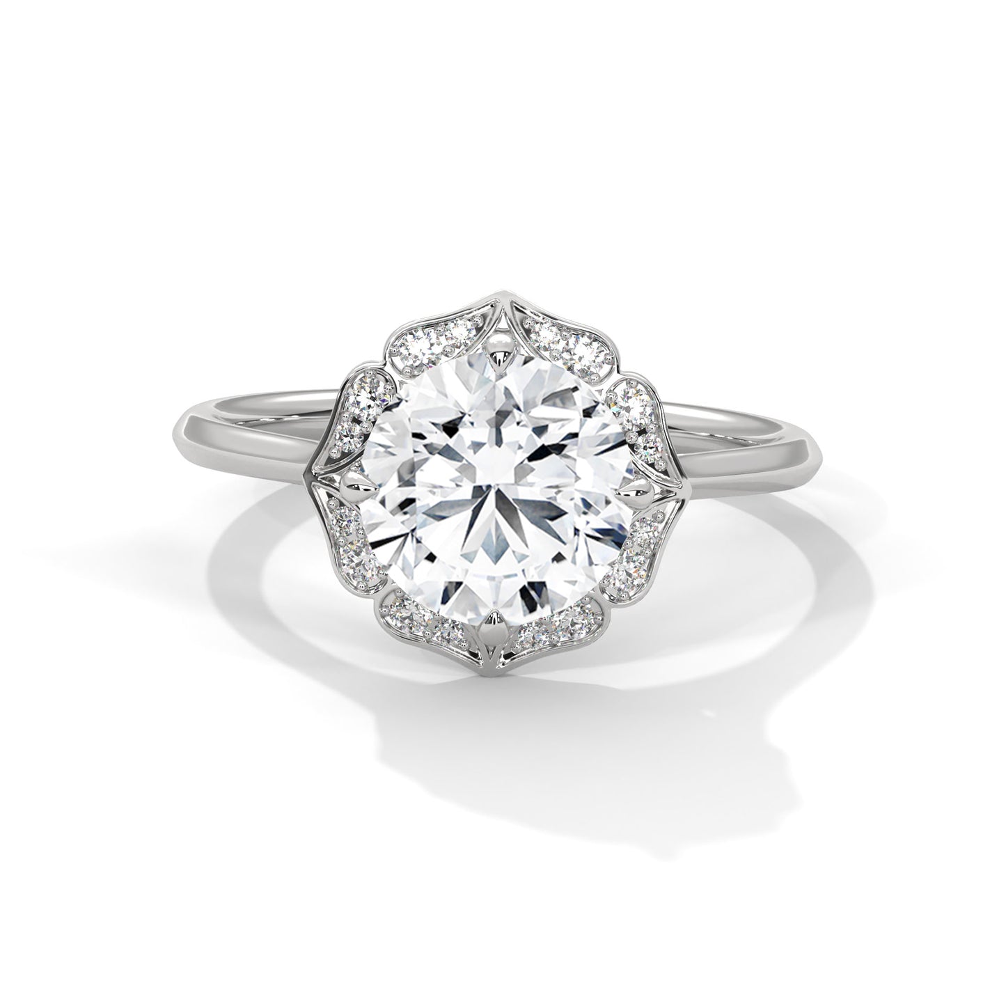 Vintage Floral Halo Moissanite Engagement Ring in Yellow Gold – Round Cut Diamond Alternative