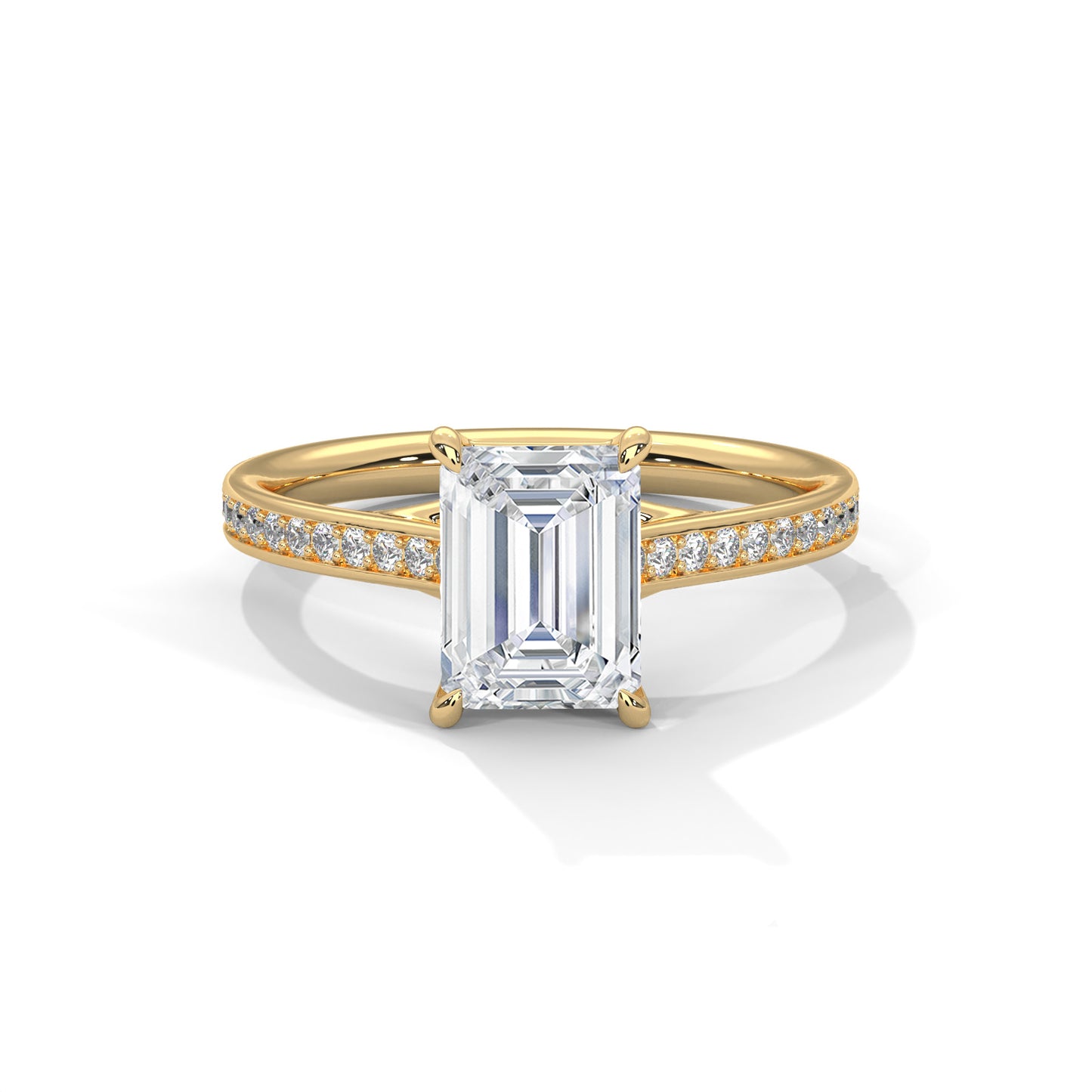 Emerald Cut Moissanite Engagement Ring with Pave Band in Yellow Gold