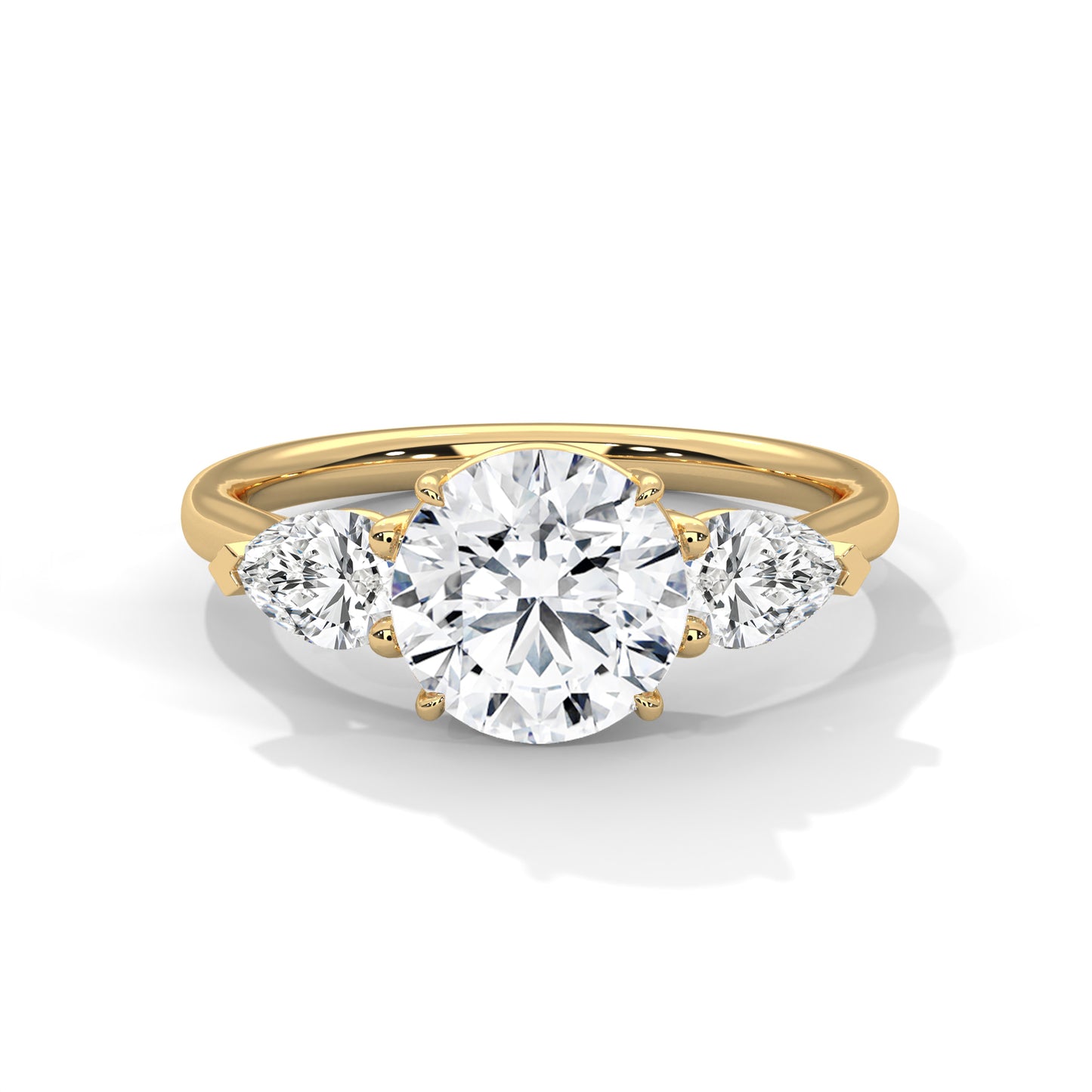 Three Stone Round Cut Moissanite Engagement Ring – 14K Yellow Gold Pear Side Stones Bridal Ring
