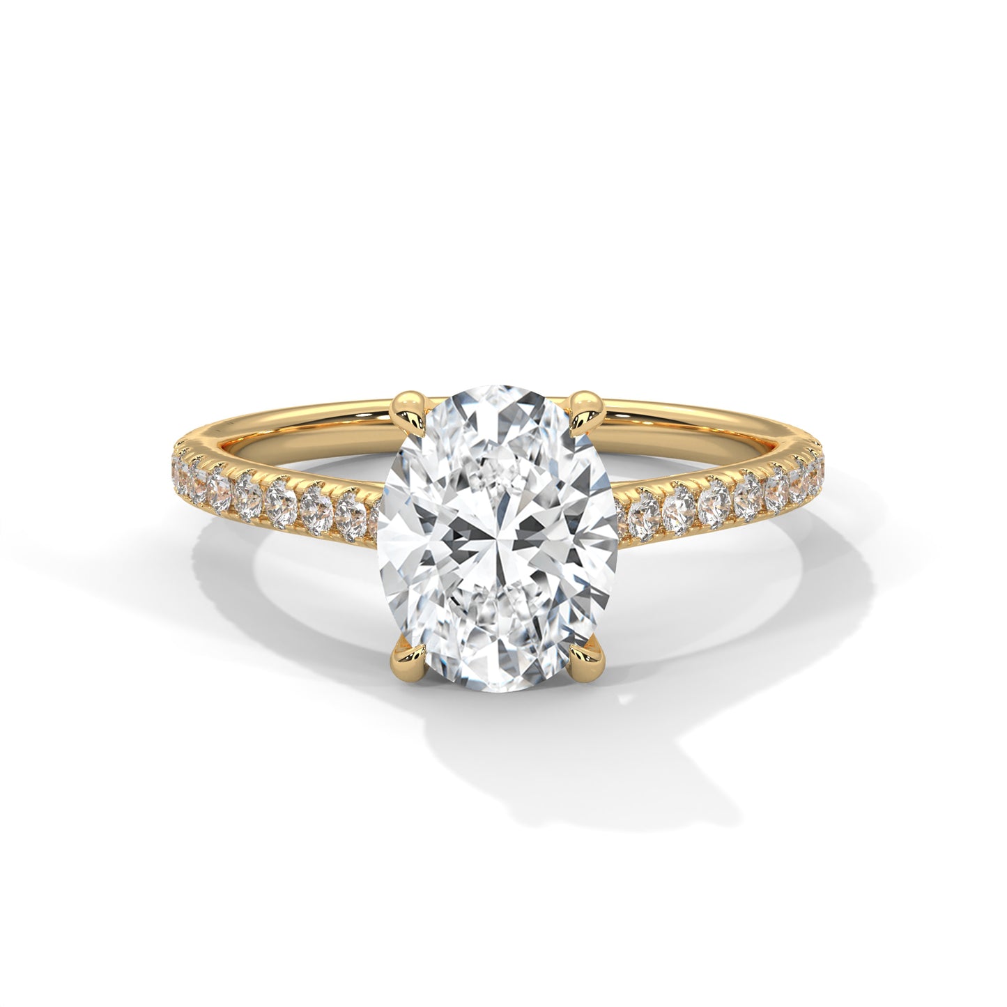 Oval Cut Moissanite Engagement Ring – 14K Yellow Gold Solitaire with Diamond Pave Band