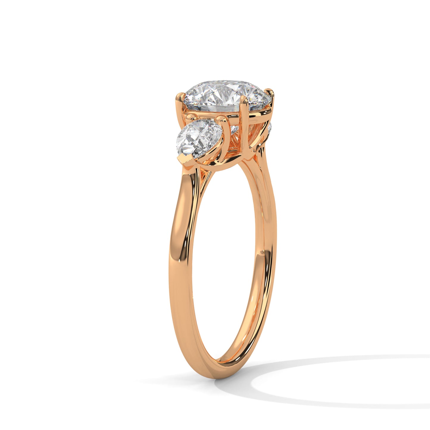 Three Stone Round Cut Moissanite Engagement Ring – 14K Yellow Gold Pear Side Stones Bridal Ring
