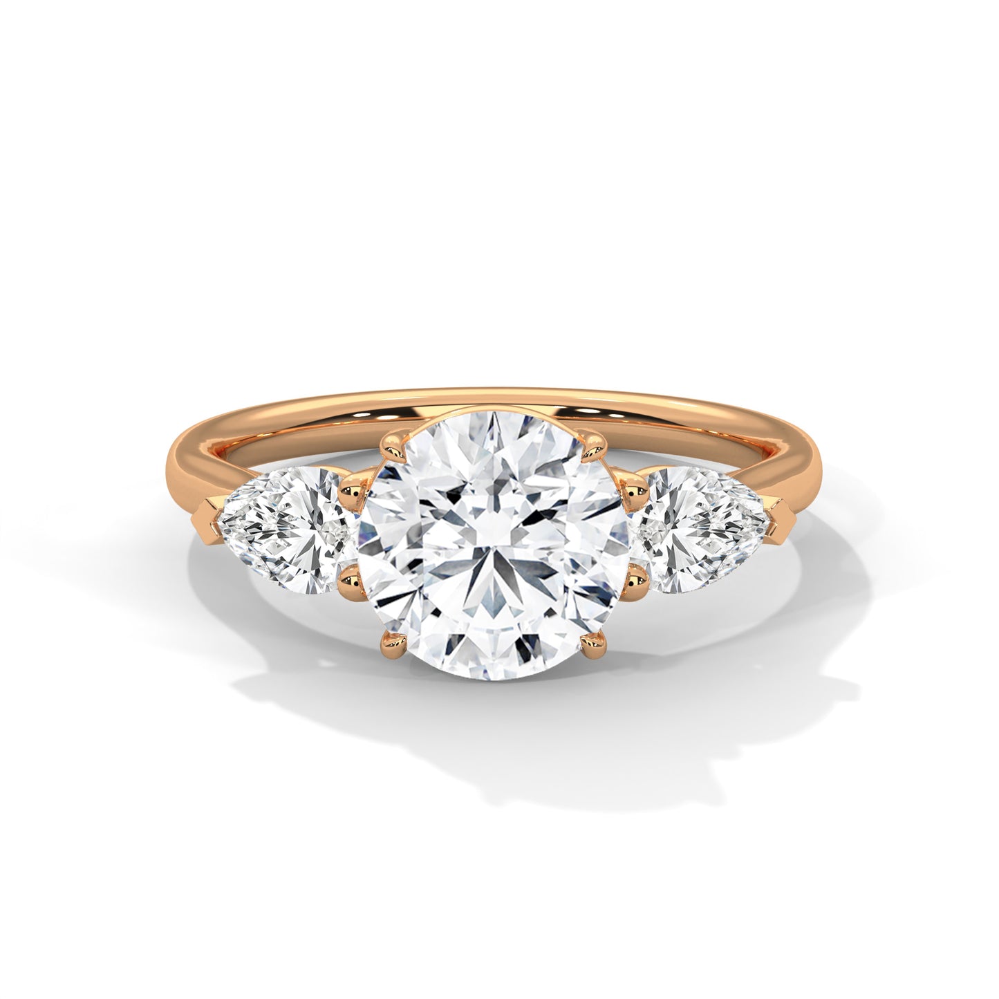 Three Stone Round Cut Moissanite Engagement Ring – 14K Yellow Gold Pear Side Stones Bridal Ring