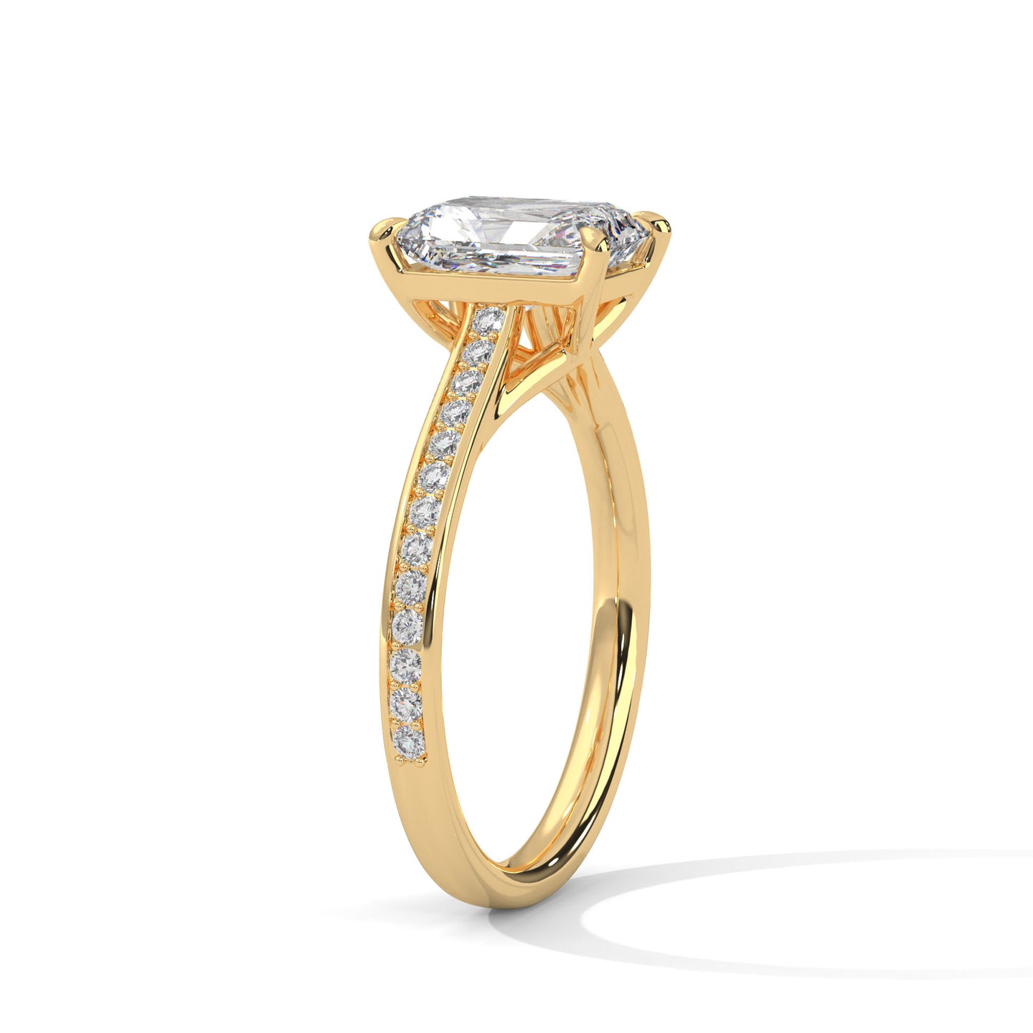 Emerald Cut Moissanite Engagement Ring with Pave Band in Yellow Gold