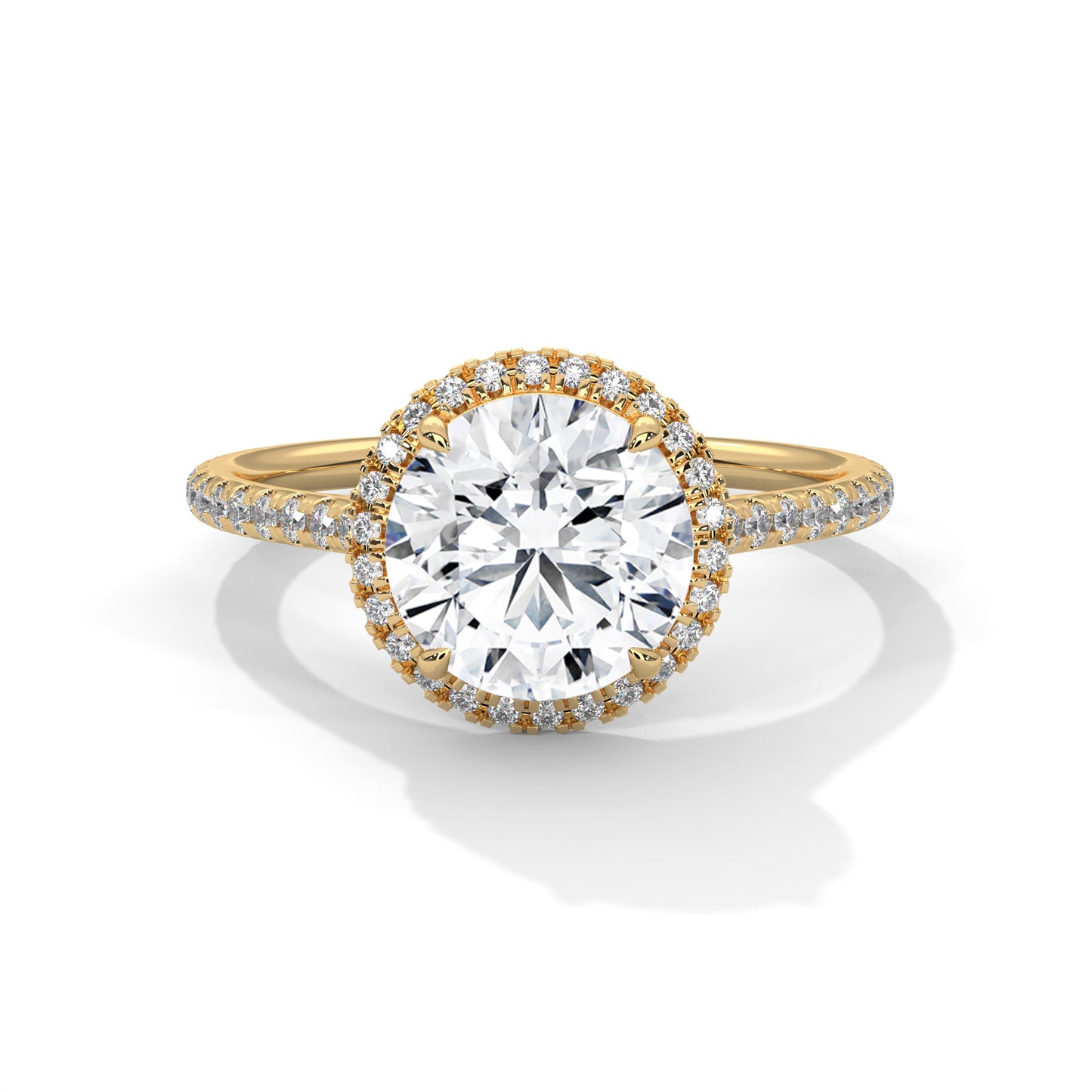 Round Moissanite Halo Engagement Ring in Yellow Gold with Diamond Pave Band