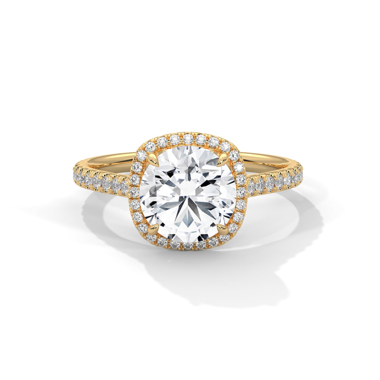 "Cushion Halo Moissanite Engagement Ring – 14K Yellow Gold Round Cut, Pavé Band Bridal Jewelry"
