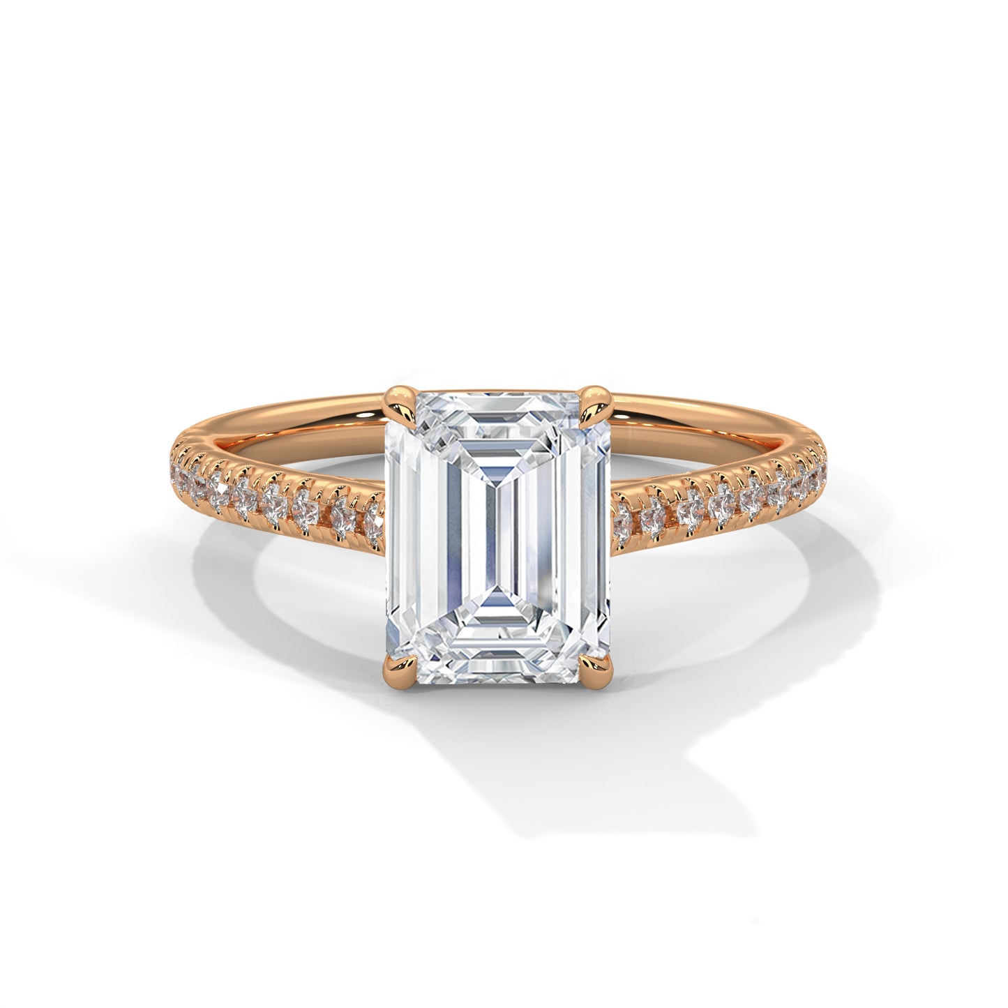 Emerald Cut Moissanite Engagement Ring – Rose Gold Pave Band, Elegant Solitaire Bridal Ring