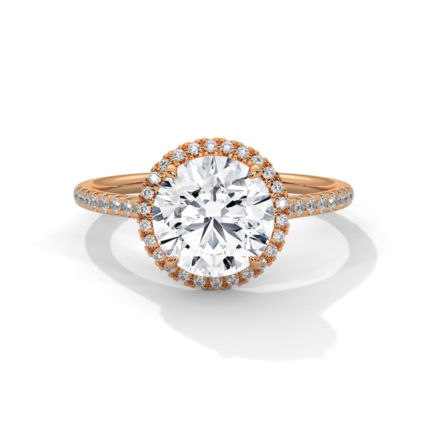 Round Moissanite Halo Engagement Ring in Yellow Gold with Diamond Pave Band
