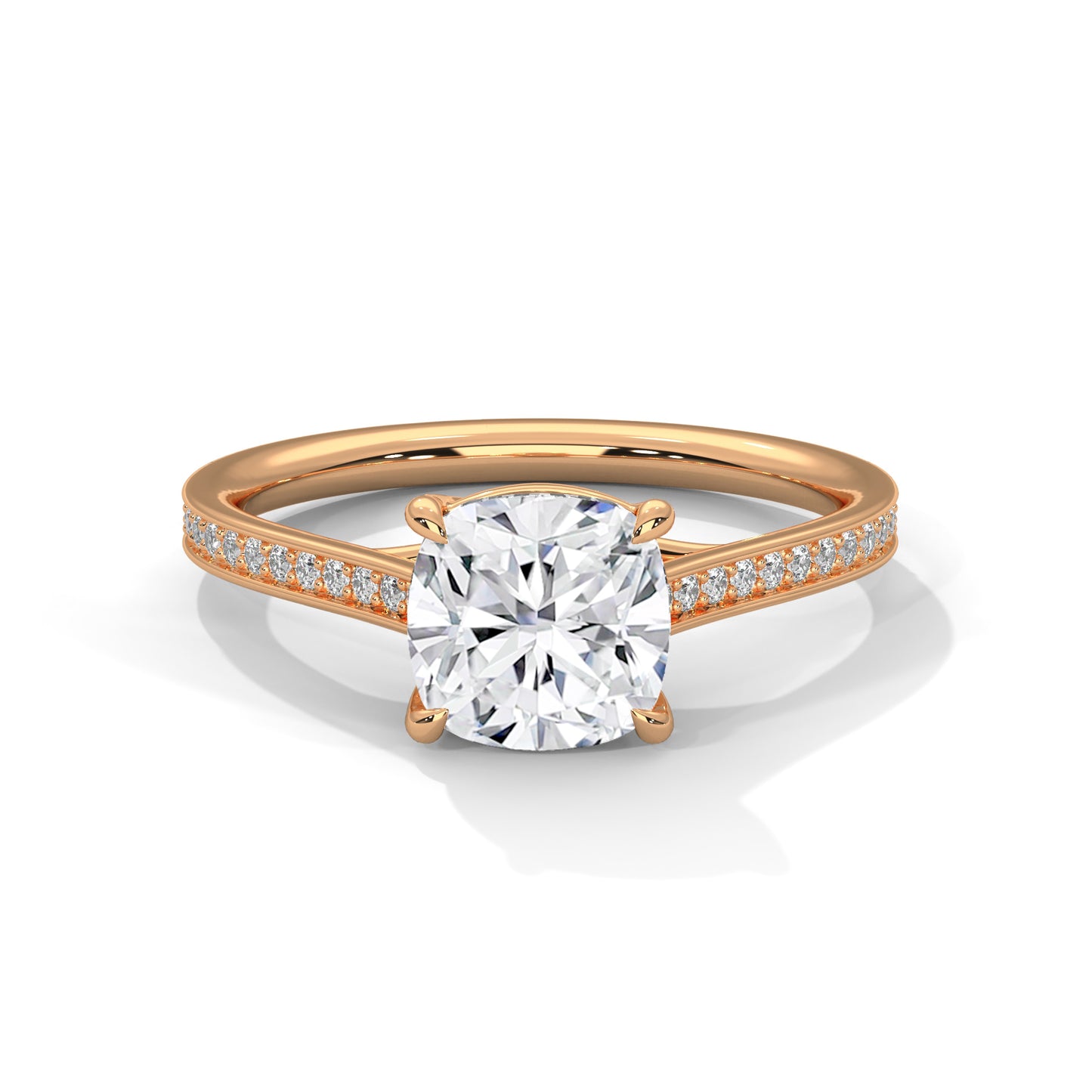 Cushion Cut Moissanite Engagement Ring – Rose Gold Pave Band, Elegant Bridal Jewelry