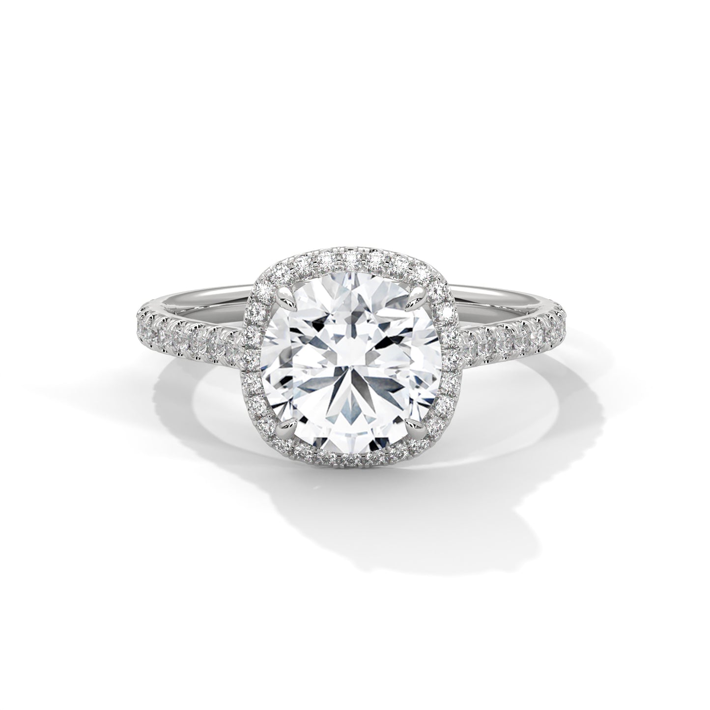 "Cushion Halo Moissanite Engagement Ring – 14K Yellow Gold Round Cut, Pavé Band Bridal Jewelry"