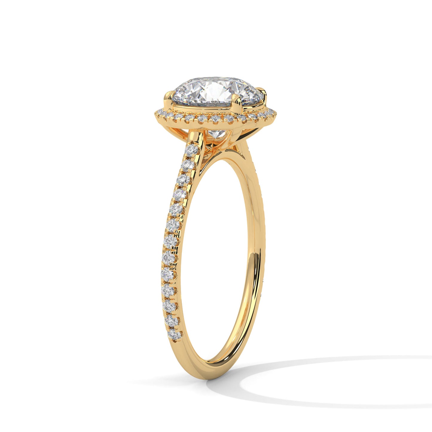 Round Moissanite Halo Engagement Ring in Yellow Gold with Diamond Pave Band
