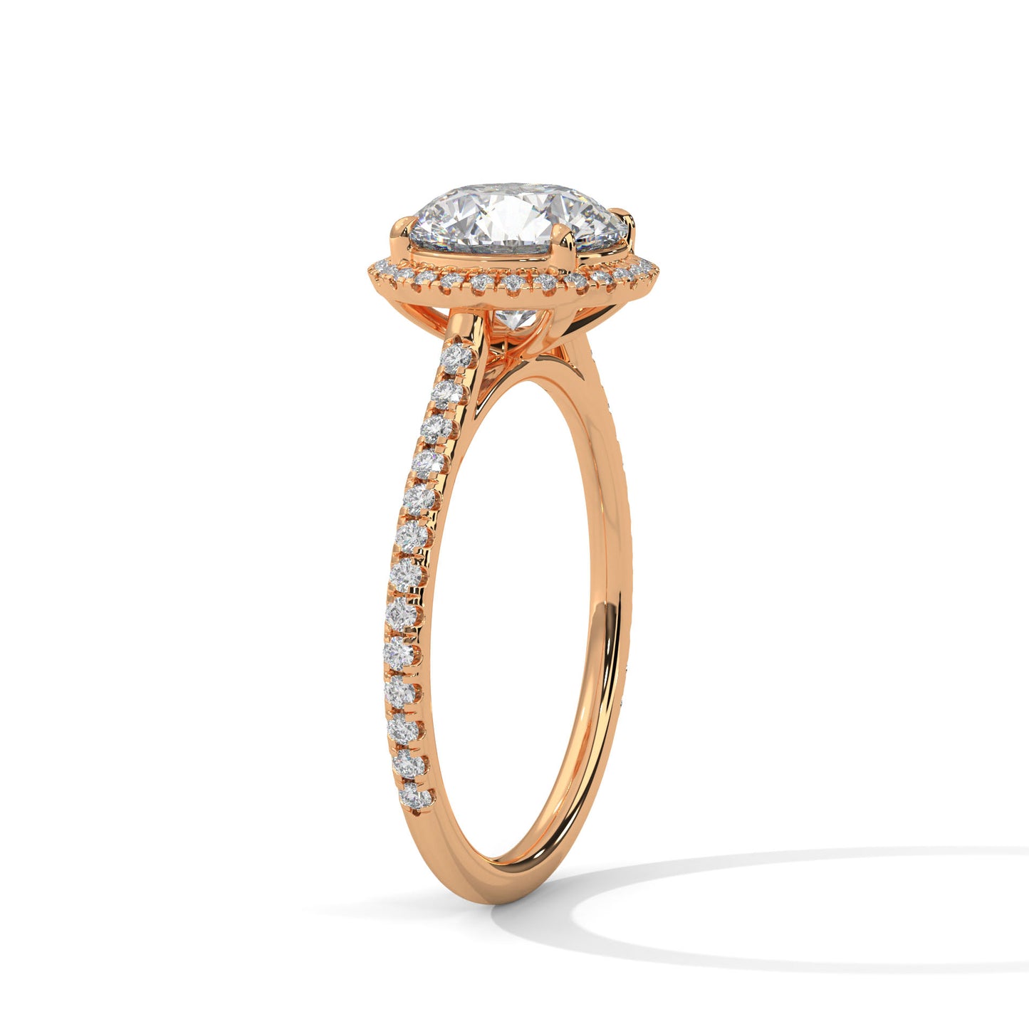 Round Moissanite Halo Engagement Ring in Yellow Gold with Diamond Pave Band