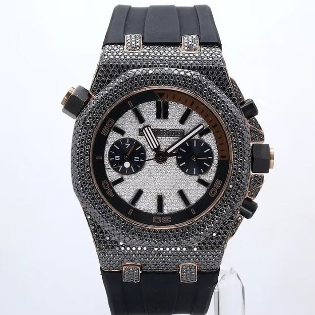 Iced Out Moissanite Diamond Watch – Stylish Black Rubber Strap Luxury Men's Timepiece