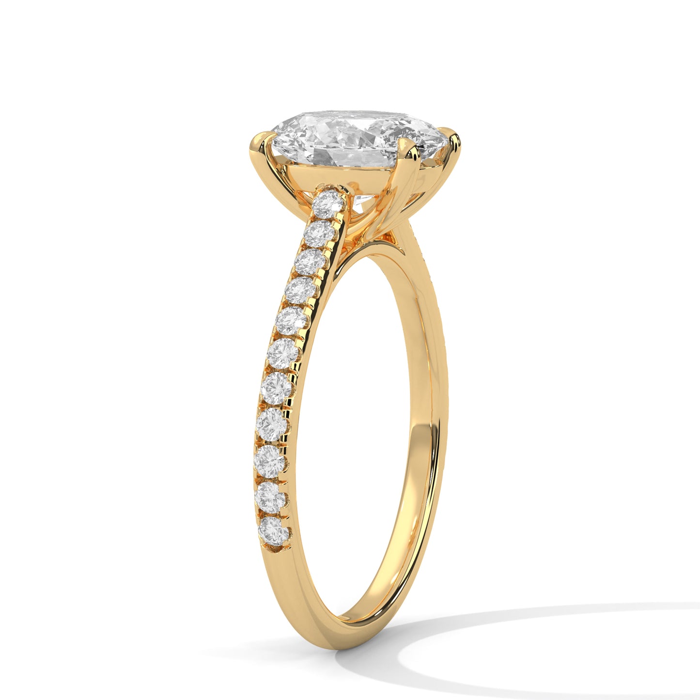 Oval Cut Moissanite Engagement Ring – 14K Yellow Gold Solitaire with Diamond Pave Band