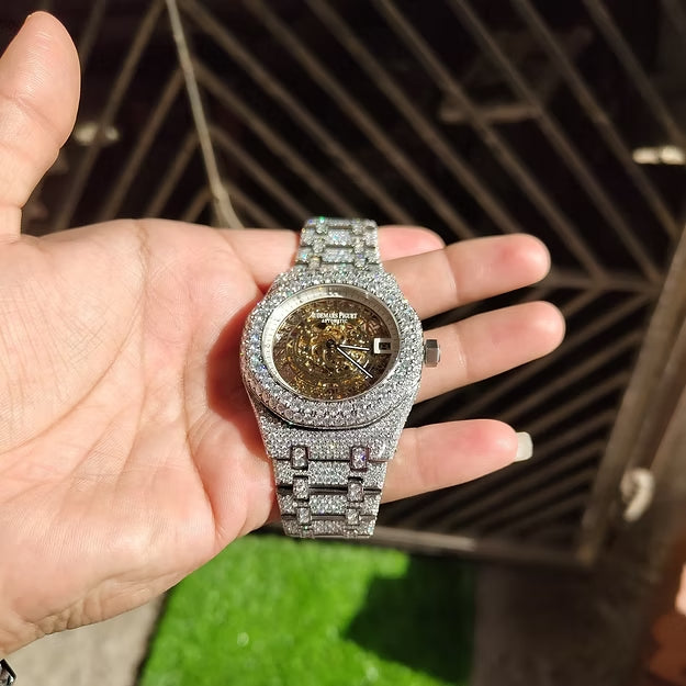 Fully Iced Out AP Watch – Round Dial Moissanite Diamond Custom Timepiece | Luxury Men's Watch