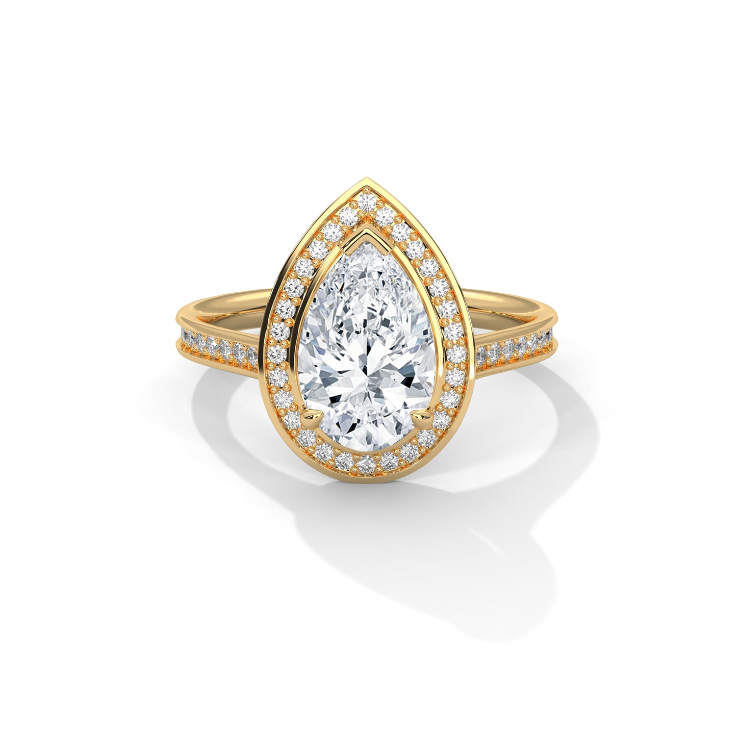 Pear Cut Halo Moissanite Engagement Ring – 14K Yellow Gold Teardrop Diamond Ring