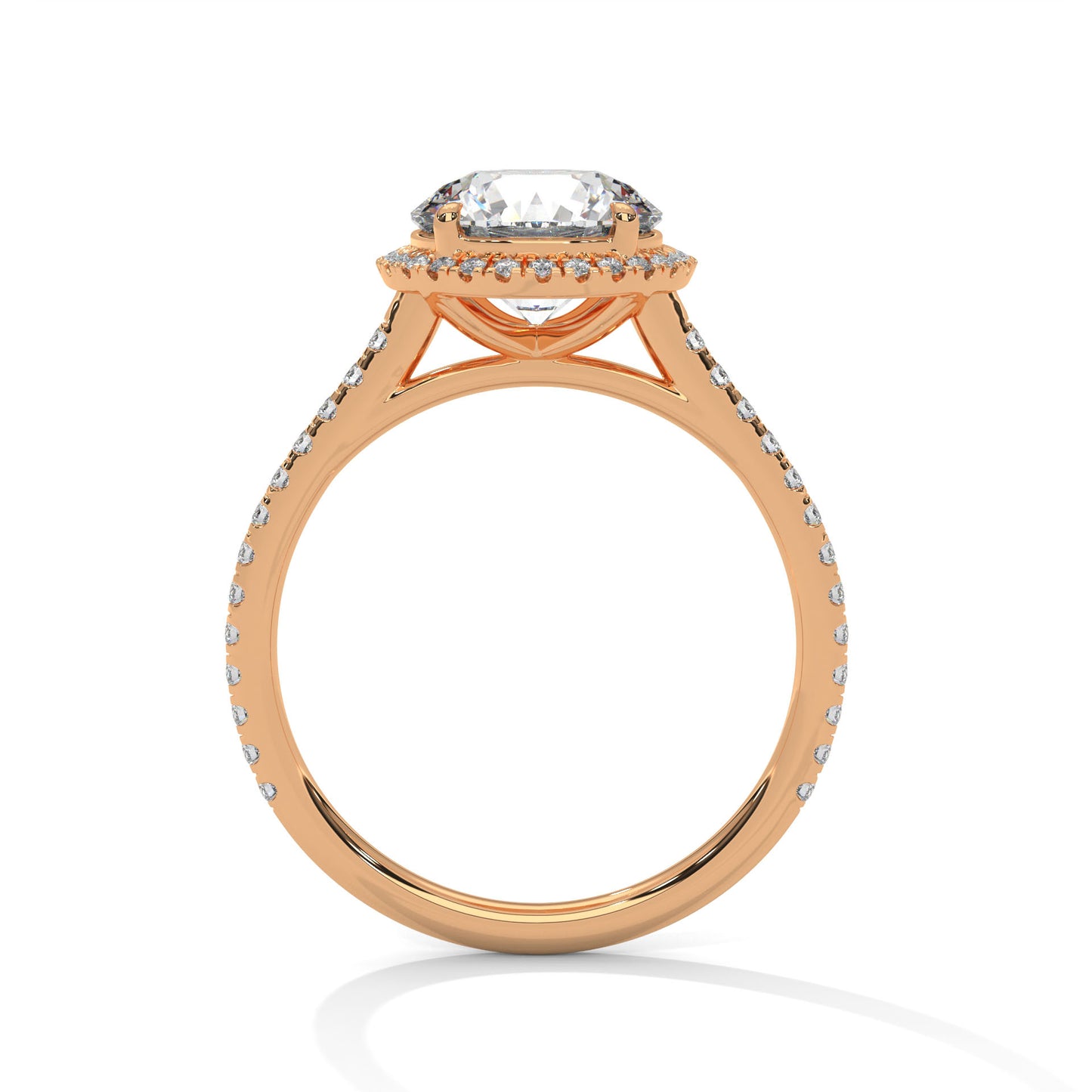 Round Moissanite Halo Engagement Ring in Yellow Gold with Diamond Pave Band
