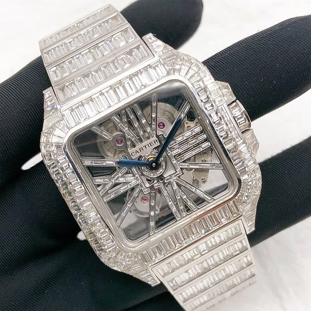 Cartier Skeleton Watch Full Iced Out with Baguette Moissanite Diamonds – Luxury Men's Hip Hop Bling Timepiece