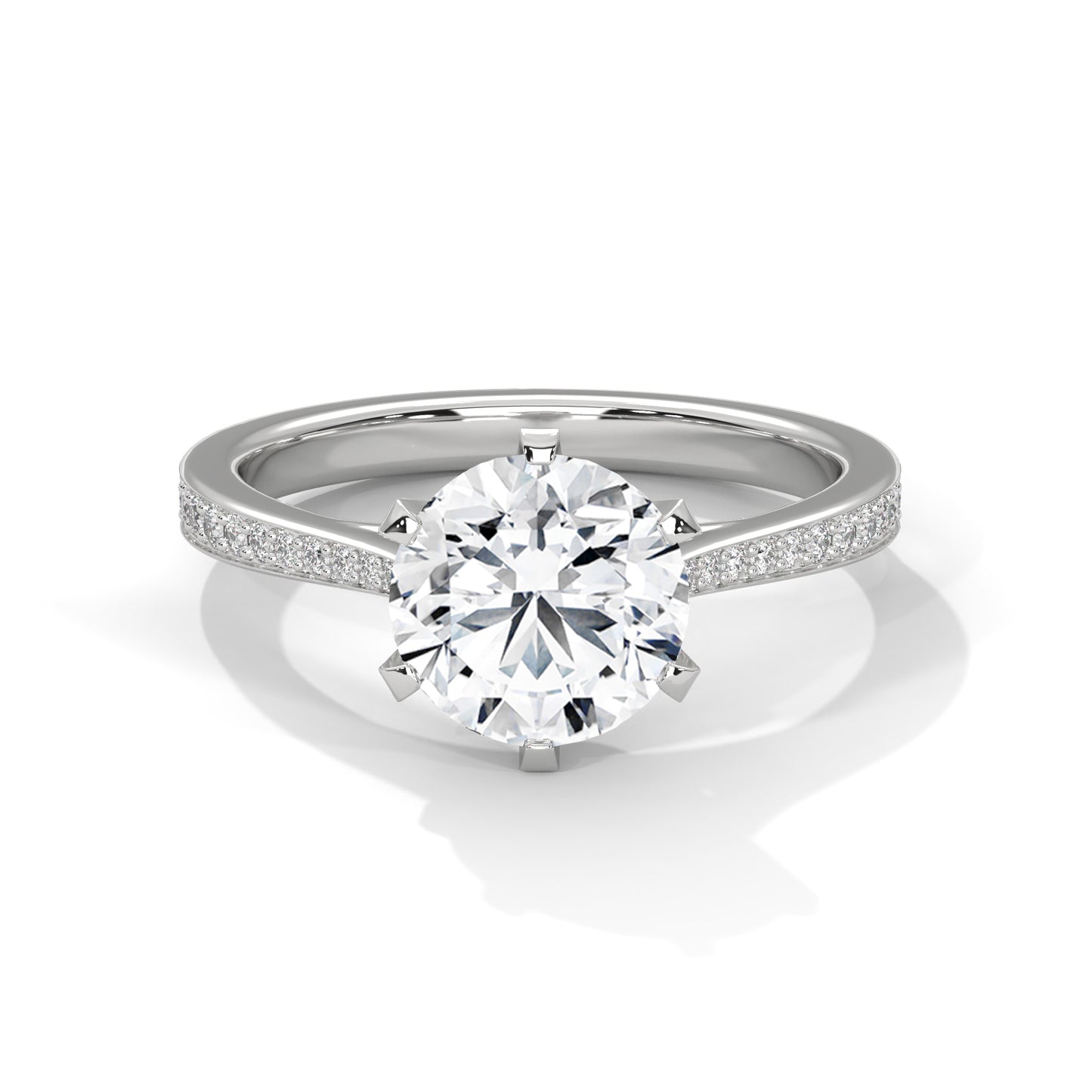 Round Cut Moissanite Solitaire Engagement Ring with Pave Band in 14K Yellow Gold