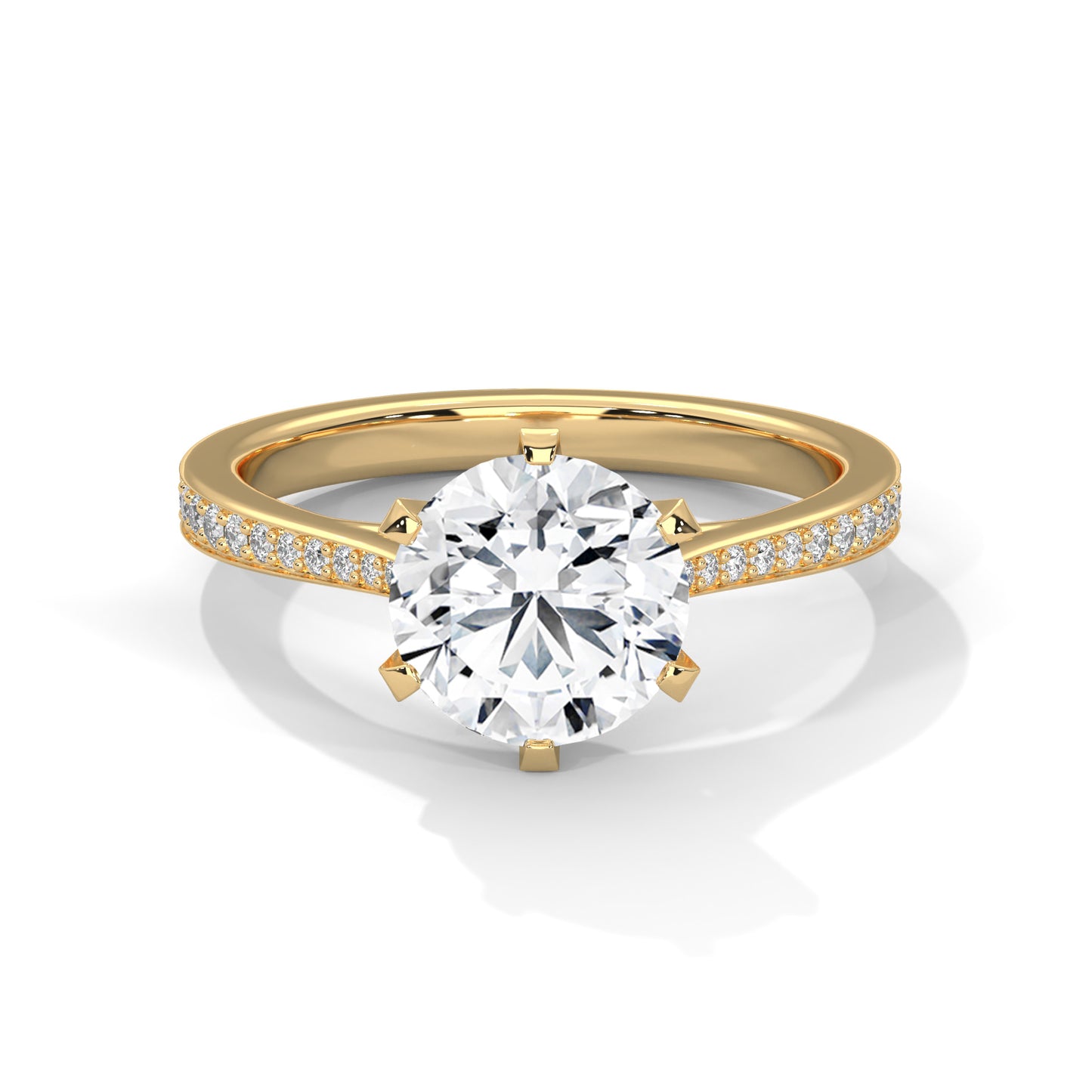 Round Cut Moissanite Solitaire Engagement Ring with Pave Band in 14K Yellow Gold
