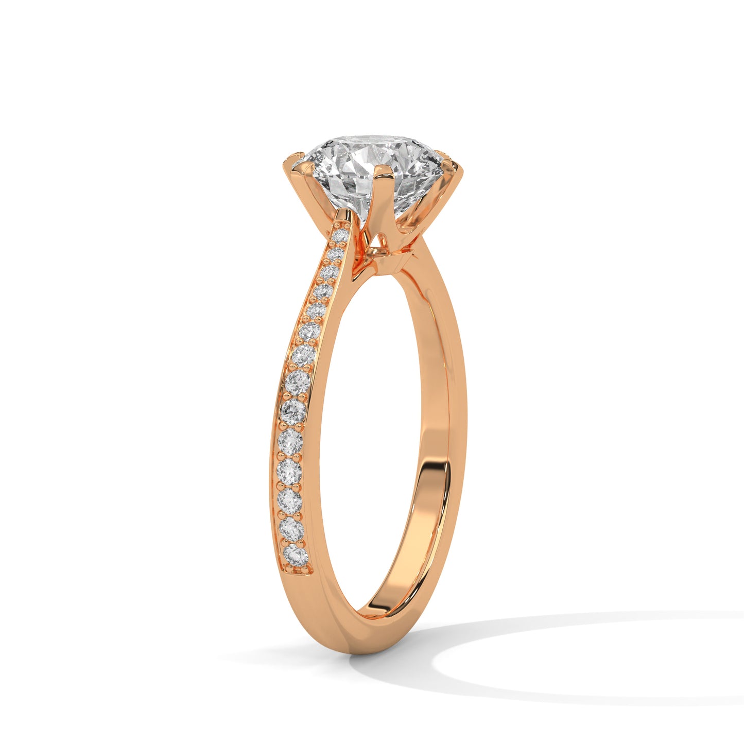 Round Cut Moissanite Solitaire Engagement Ring with Pave Band in 14K Yellow Gold