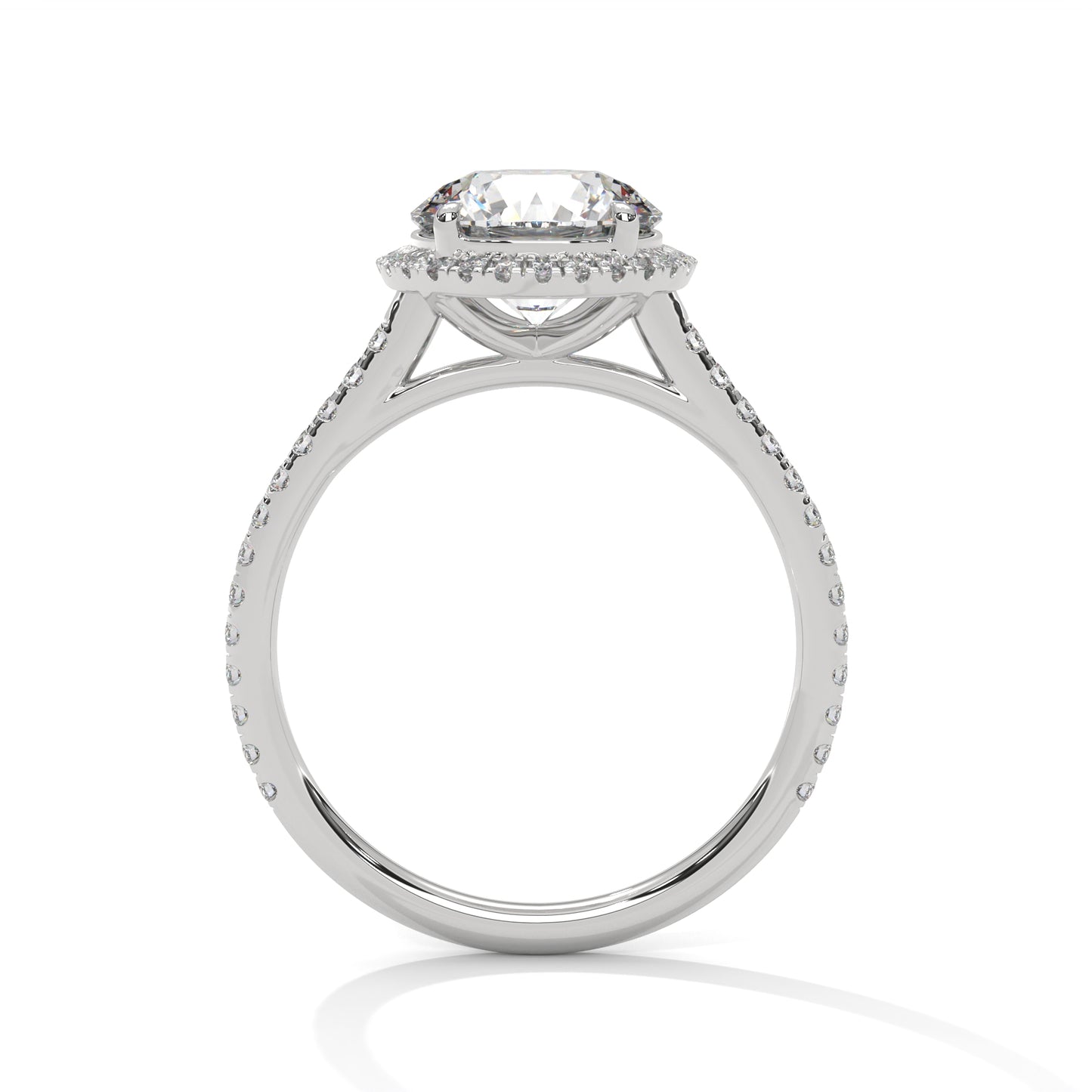 Round Moissanite Halo Engagement Ring in Yellow Gold with Diamond Pave Band