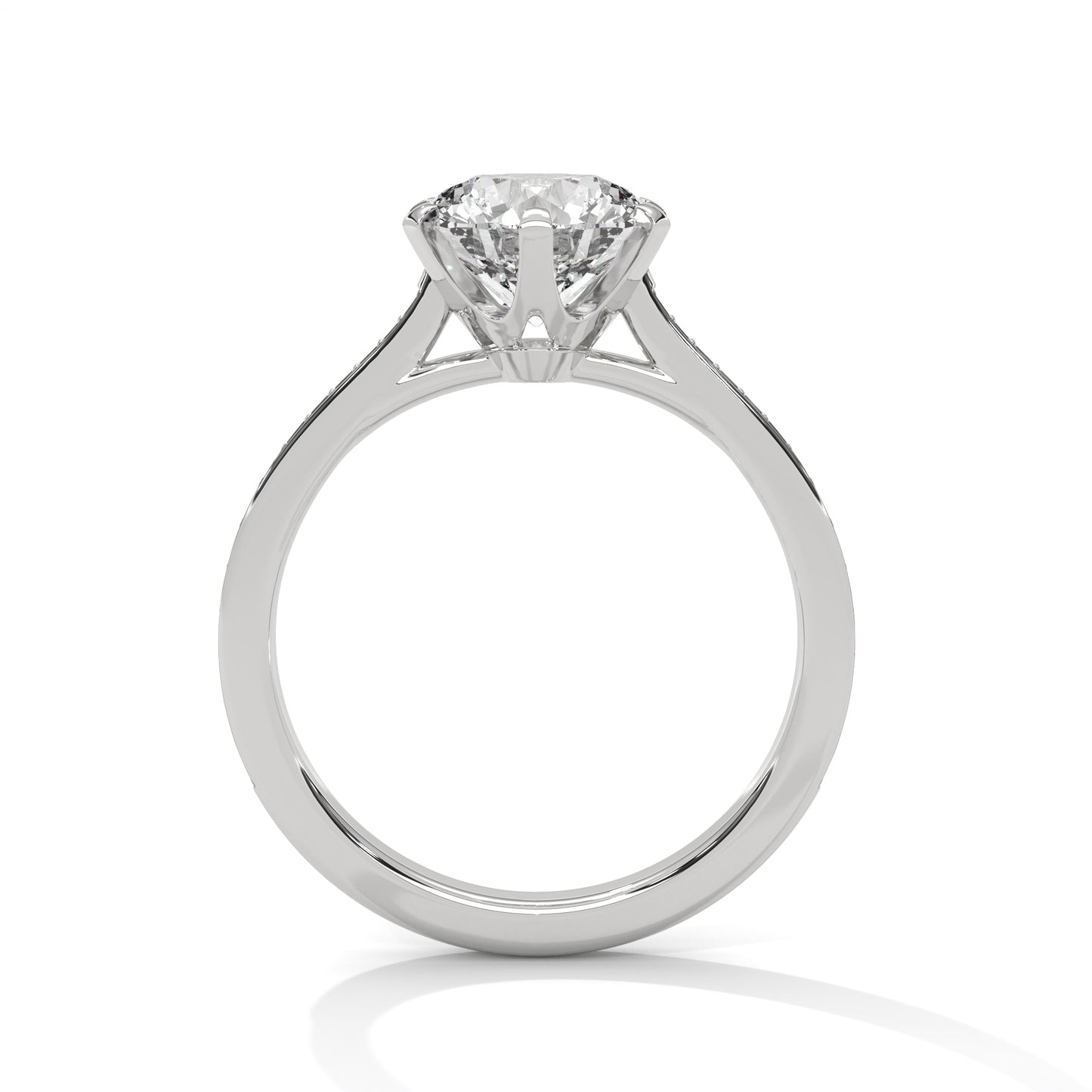 Round Cut Moissanite Solitaire Engagement Ring with Pave Band in 14K Yellow Gold