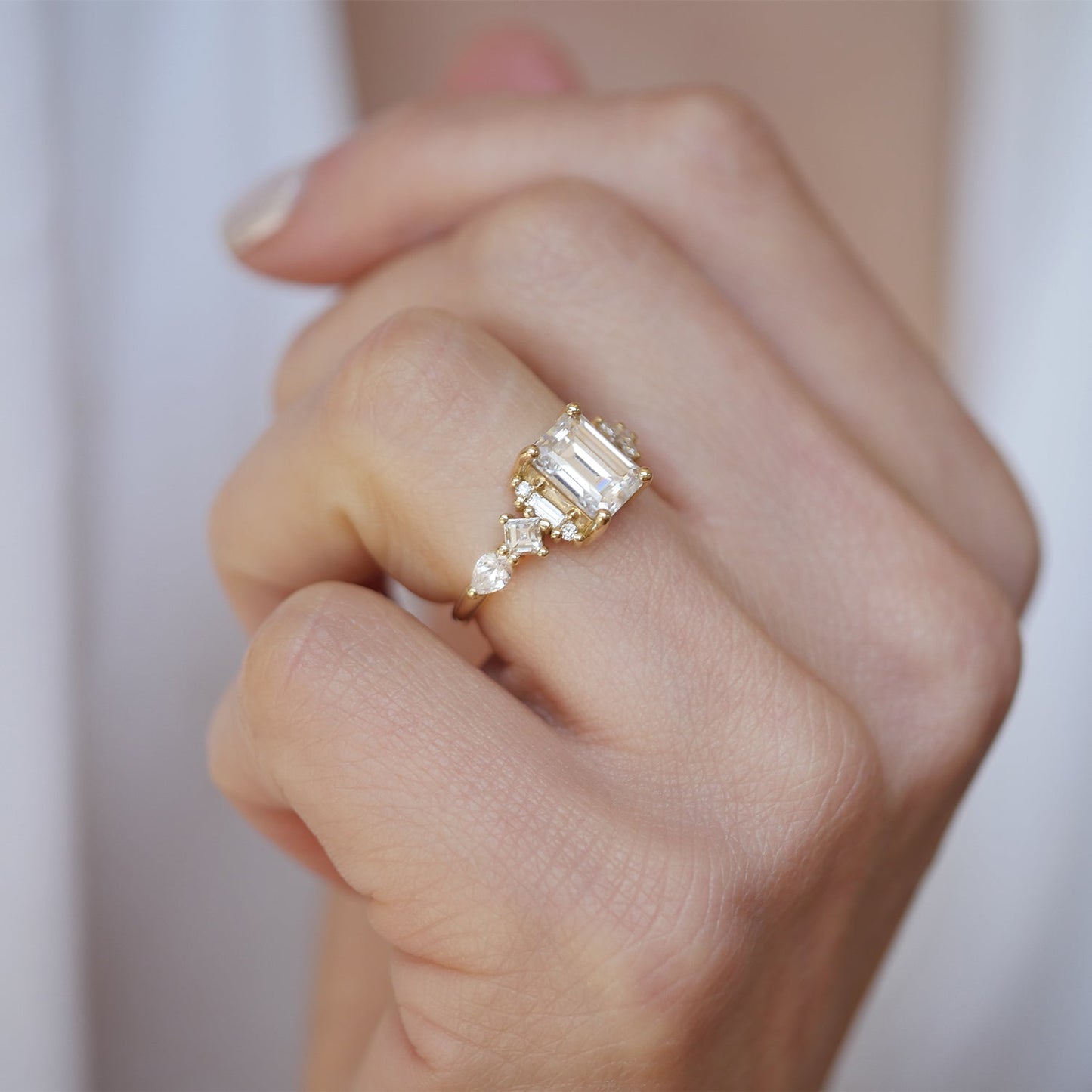 Engagement Ring | 2.50 Ct Emerald Cut Moissanite Ring with Baguette & Round Diamonds