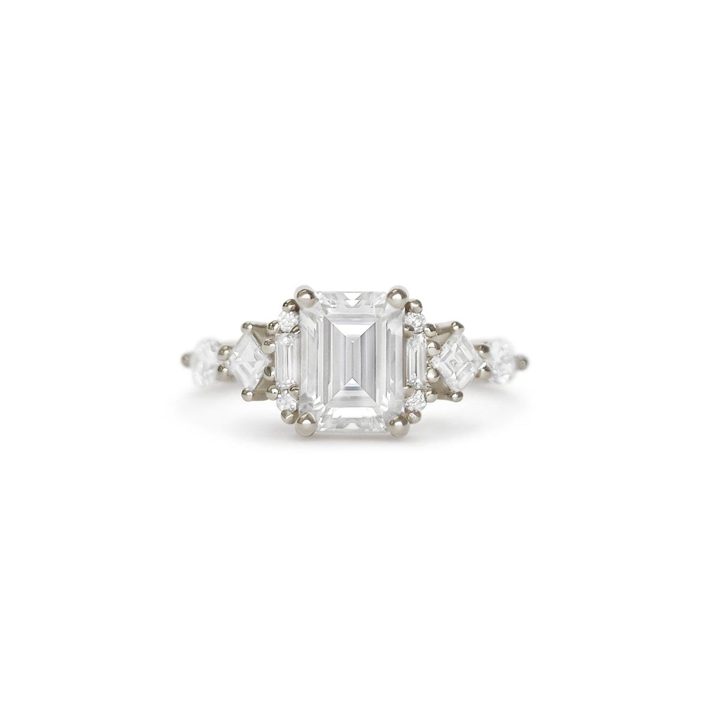Engagement Ring | 2.50 Ct Emerald Cut Moissanite Ring with Baguette & Round Diamonds
