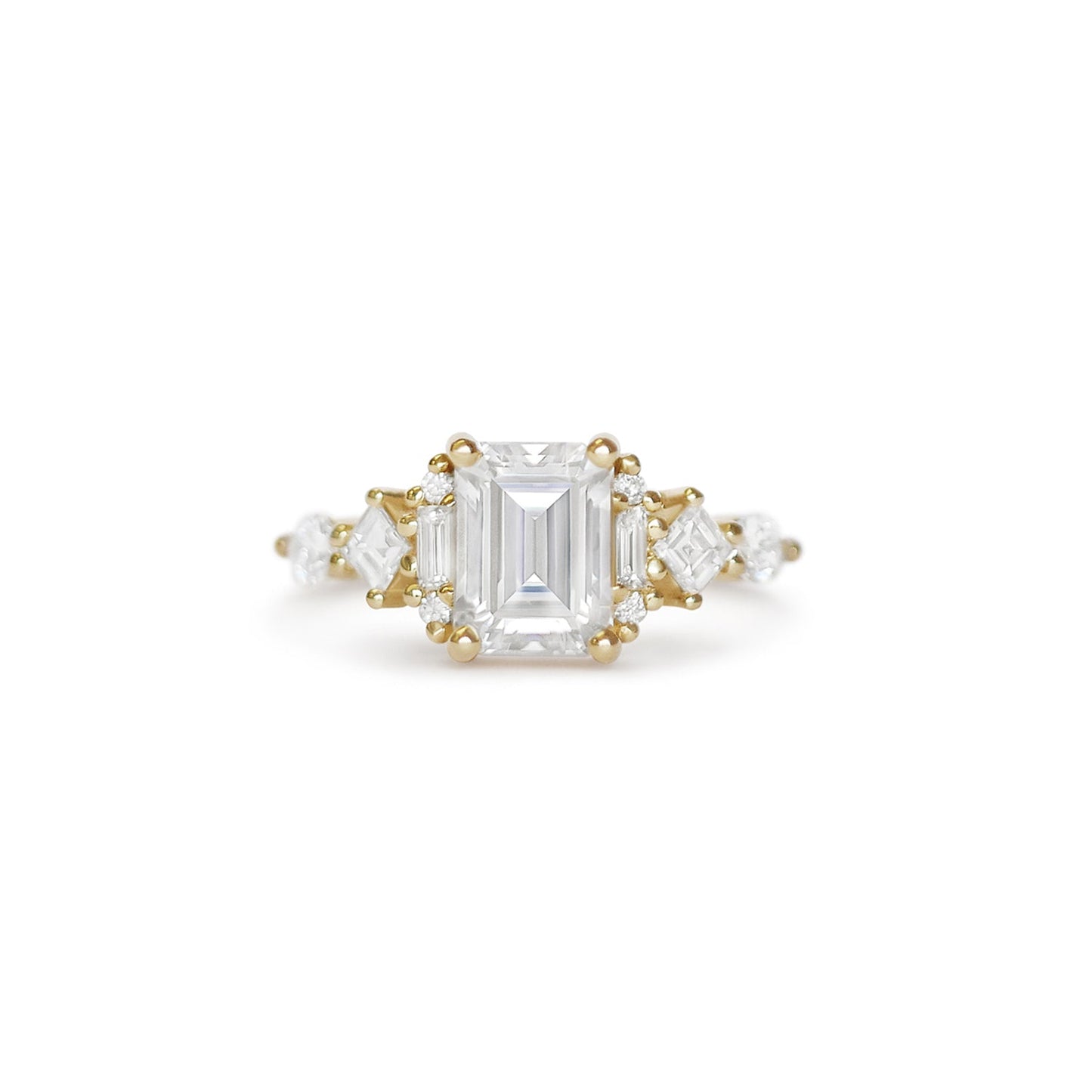 Engagement Ring | 2.50 Ct Emerald Cut Moissanite Ring with Baguette & Round Diamonds