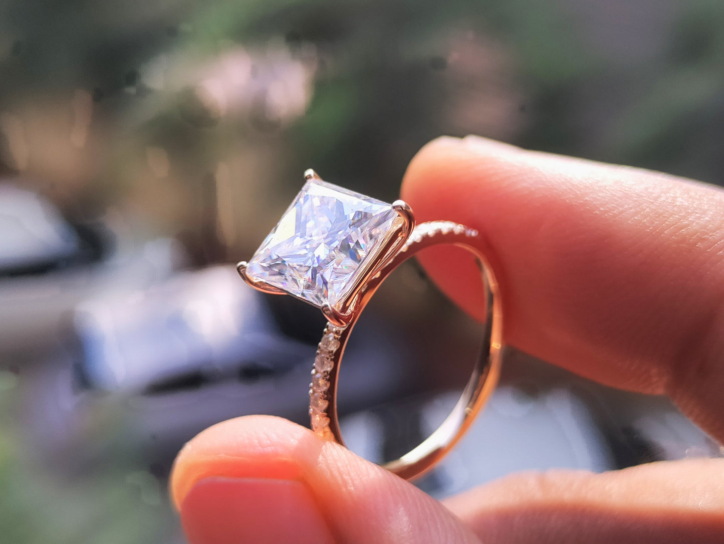 3.0 Ct Princess Cut Halo Engagement Ring - Prong & Pave Setting in Silver and Gold