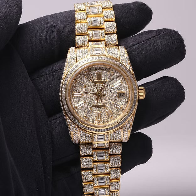 Rolex Day-Date 40mm Yellow Gold Watch – Round & Baguette Diamond Dial | Luxury Men’s Presidential Timepiece