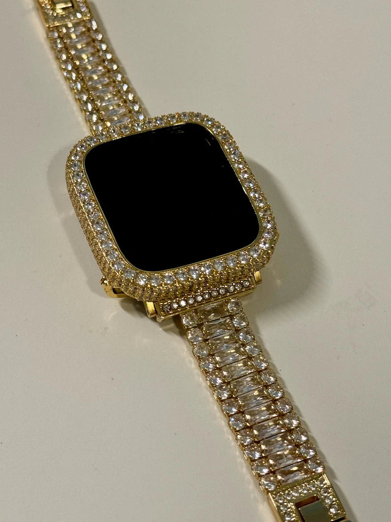 Moissanite Diamond Apple Watch Band & 14K Yellow Gold-Bezel Set – Luxury Women's Apple Watch Case Cover for Series 7, 8, 9