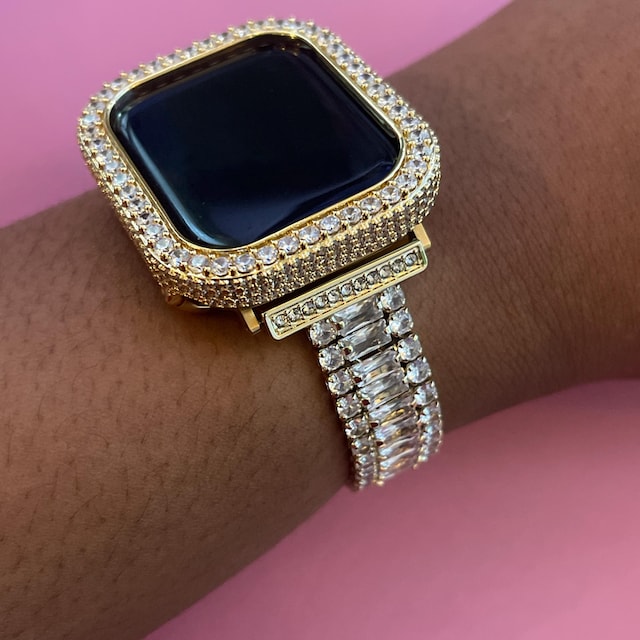 Moissanite Diamond Apple Watch Band & 14K Yellow Gold-Bezel Set – Luxury Women's Apple Watch Case Cover for Series 7, 8, 9