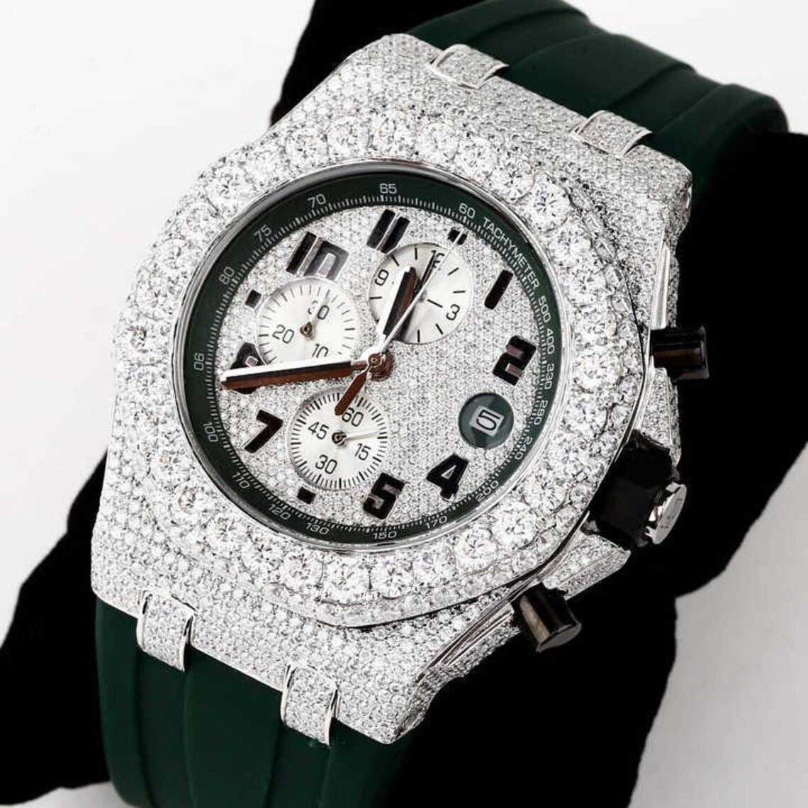 Handmade VVS Moissanite Diamond Bust Down Watch – Luminous Men's Wristwatch with Studded Iced Out Design