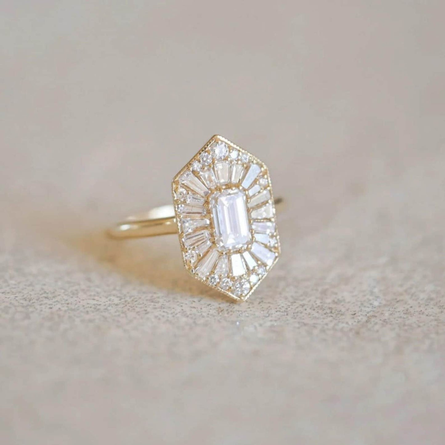 2.0 Ct Emerald Cut & Baguette Solitaire Engagement Ring | Art Deco Gold & Silver