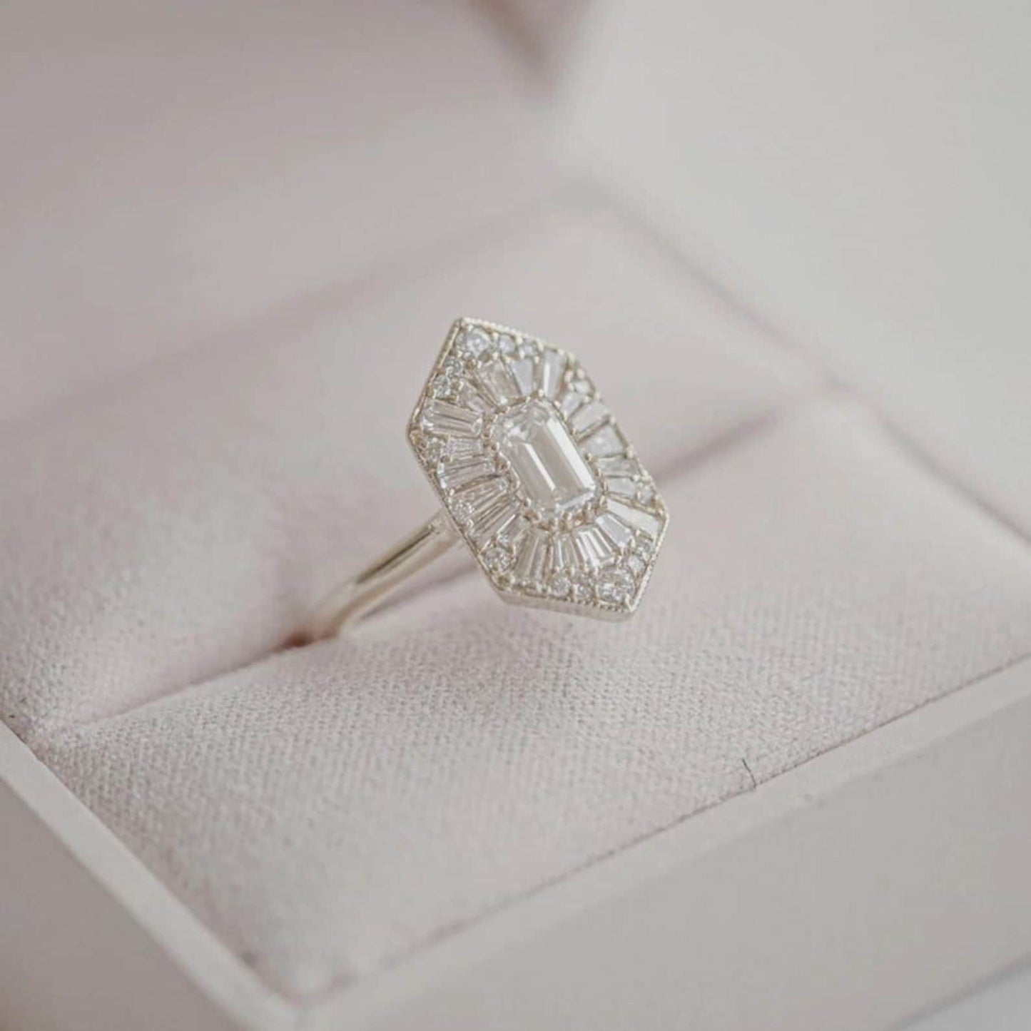 2.0 Ct Emerald Cut & Baguette Solitaire Engagement Ring | Art Deco Gold & Silver