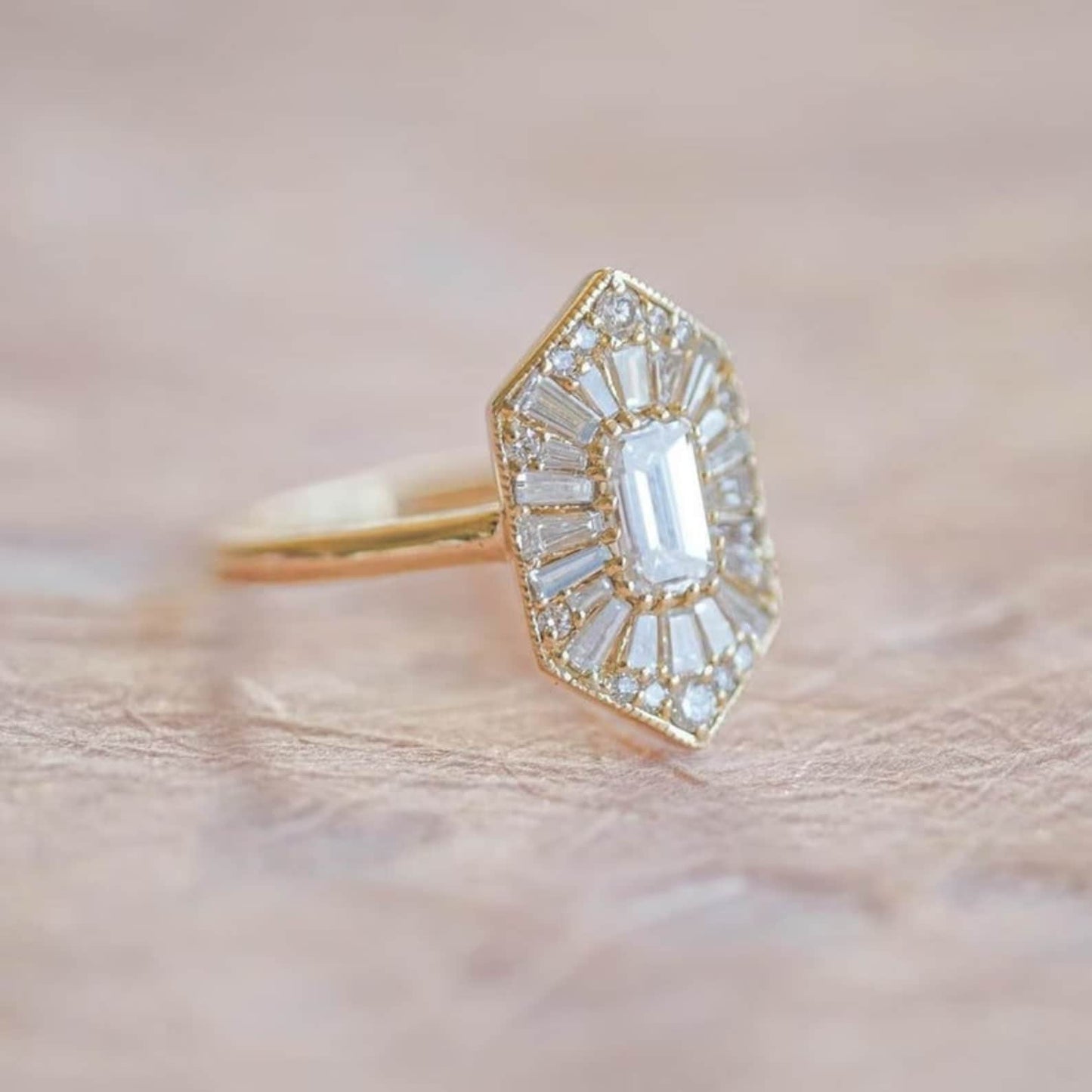 2.0 Ct Emerald Cut & Baguette Solitaire Engagement Ring | Art Deco Gold & Silver