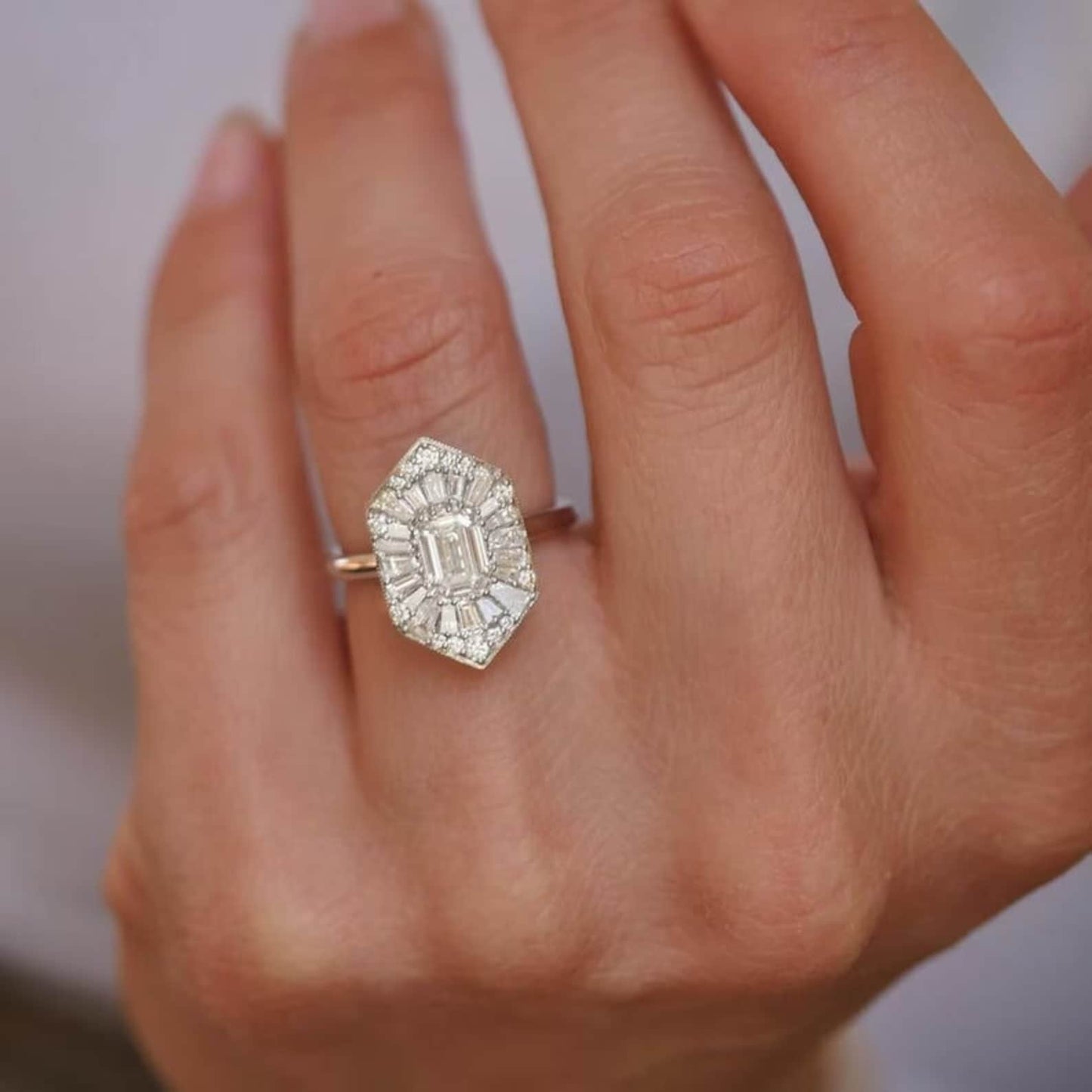 2.0 Ct Emerald Cut & Baguette Solitaire Engagement Ring | Art Deco Gold & Silver