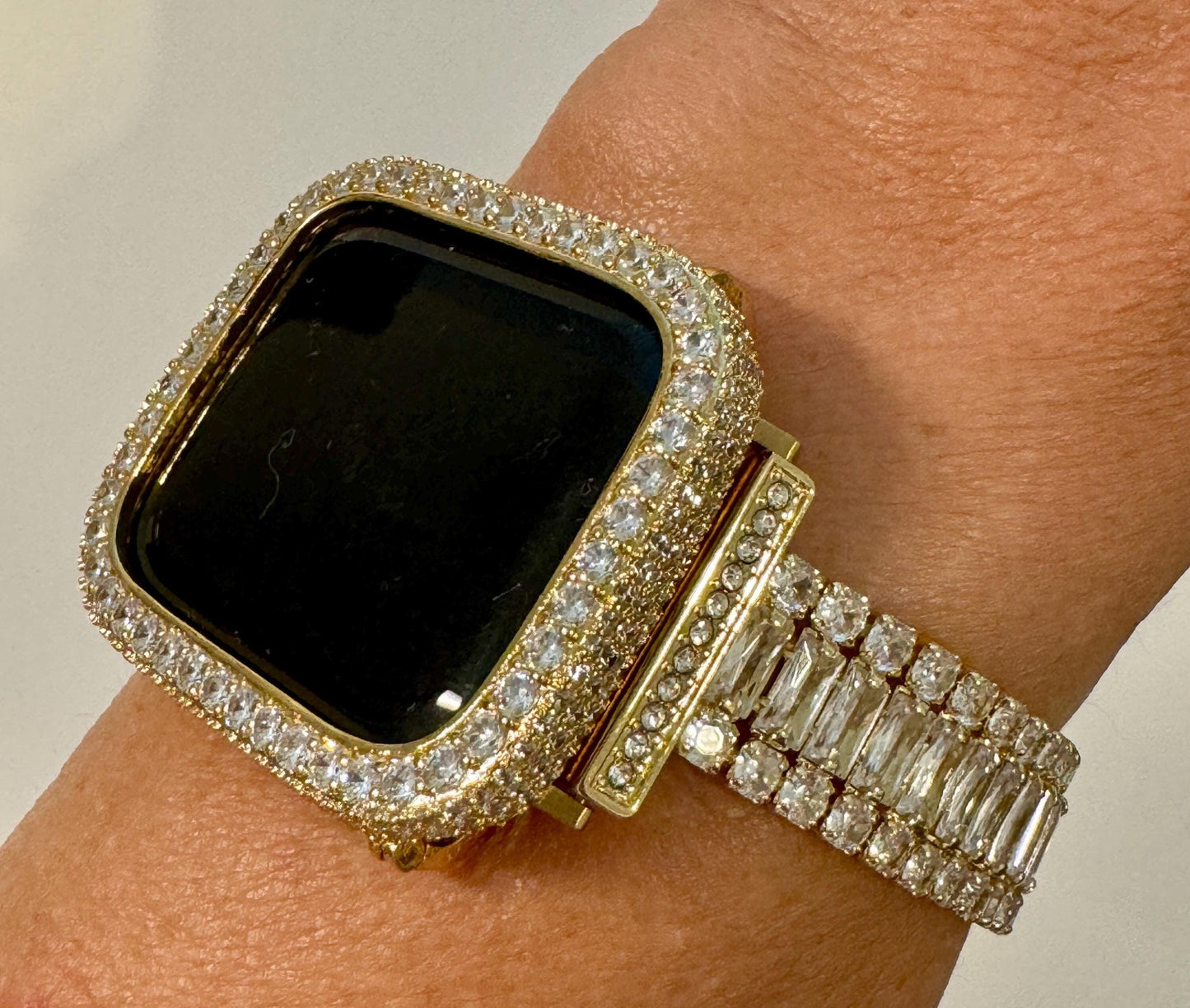 Moissanite Diamond Apple Watch Band & 14K Yellow Gold-Bezel Set – Luxury Women's Apple Watch Case Cover for Series 7, 8, 9