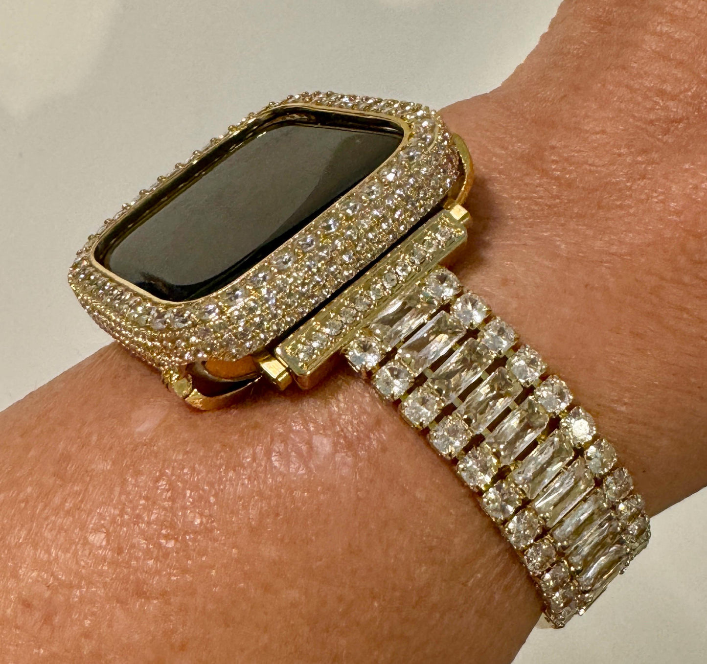 Moissanite Diamond Apple Watch Band & 14K Yellow Gold-Bezel Set – Luxury Women's Apple Watch Case Cover for Series 7, 8, 9
