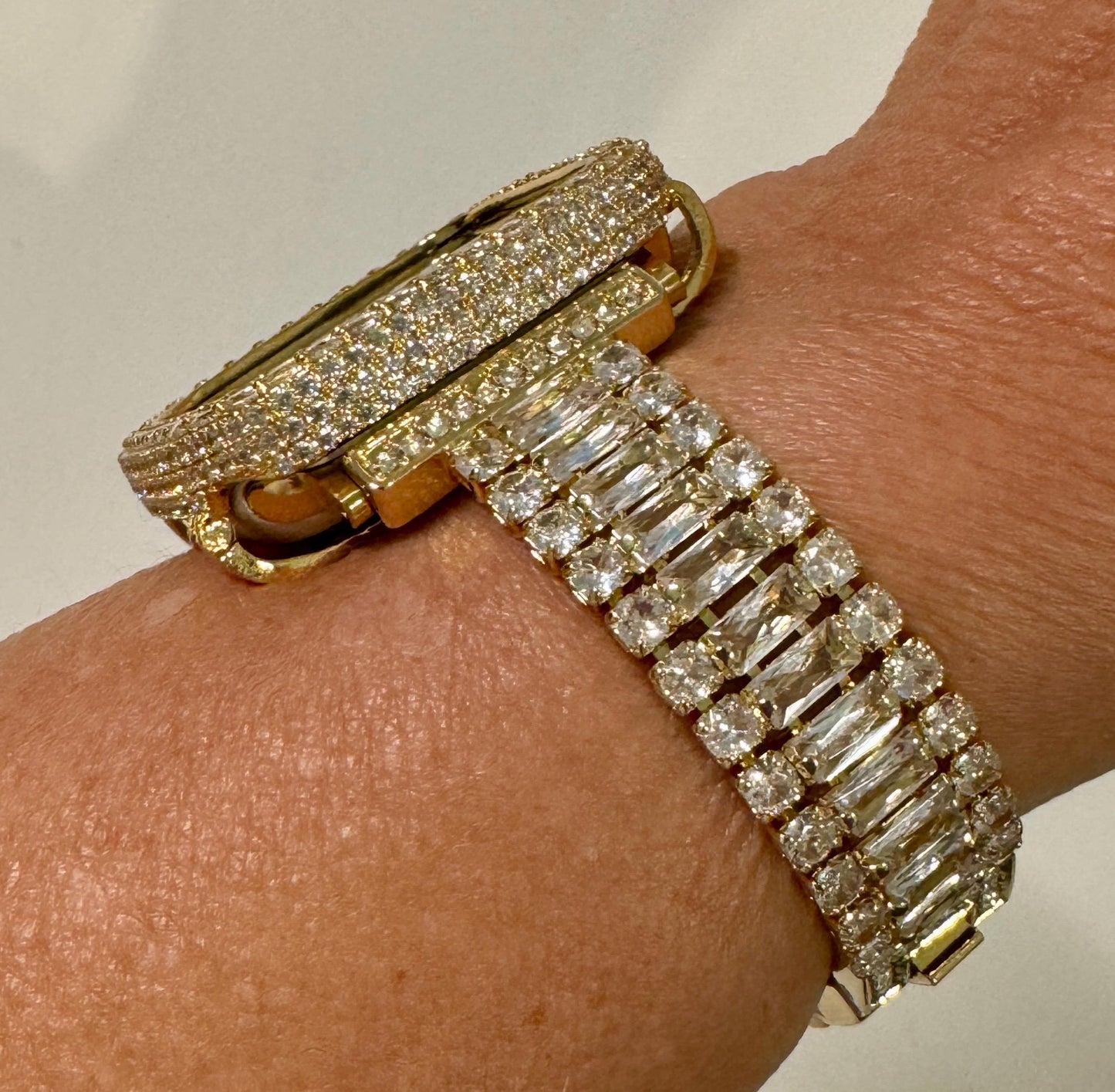 Moissanite Diamond Apple Watch Band & 14K Yellow Gold-Bezel Set – Luxury Women's Apple Watch Case Cover for Series 7, 8, 9