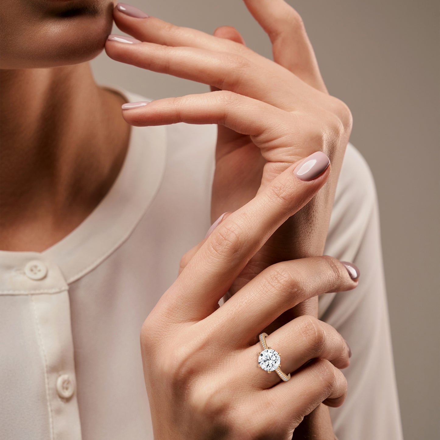 Round Cut Moissanite Solitaire Engagement Ring with Pave Band in 14K Yellow Gold