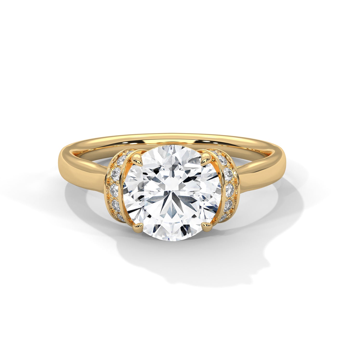 Round Cut Moissanite Engagement Ring with Unique Double Halo Setting in 14K Yellow Gold