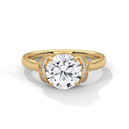 Round Cut Moissanite Engagement Ring with Unique Double Halo Setting in 14K Yellow Gold