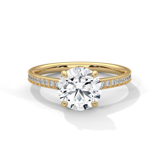 Round Cut Moissanite Engagement Ring with Pave Diamond Band in Yellow Gold